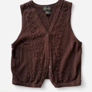 Requirements Chocolate Brown Embroidered Cardigan Vest